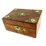 A VICTORIAN BURR WALNUT, BRASS AND IVORY RECTANGULAR WORK BOX With applied brass and ivory