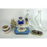 A MIXED LOT OF FRENCH CERAMICS To include two scent bottles, three table caskets and two glass
