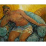 A LARGE 20TH CENTURY AFRICAN SCHOOL OIL ON CANVAS, PORTRAIT OF A NUDE WOMAN Seated in a chair,