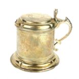 A VICTORIAN SILVER AND BLUE GLASS MUSTARD POT Having a single handle, hinged lid and fine engraved