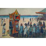 ROSS FOSTER, A LARGE OIL ON CANVAS Coastal landscape, view with figures in Edwardian dress with
