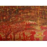 A 20TH CENTURY OIL ON CANVAS, LANDSCAPE Red silhouette figures and animals in an exotic park,