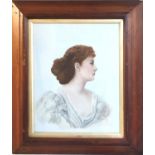 A VICTORIAN OIL ON OPAQUE GLASS PORTRAIT, a profile portrait of a lady wearing white lace period