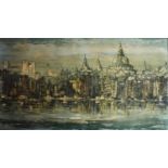 BRIAN MAILE, A 20TH CENTURY OLEOGRAPH ON CANVAS Landscape, a view of London skyline, bearing
