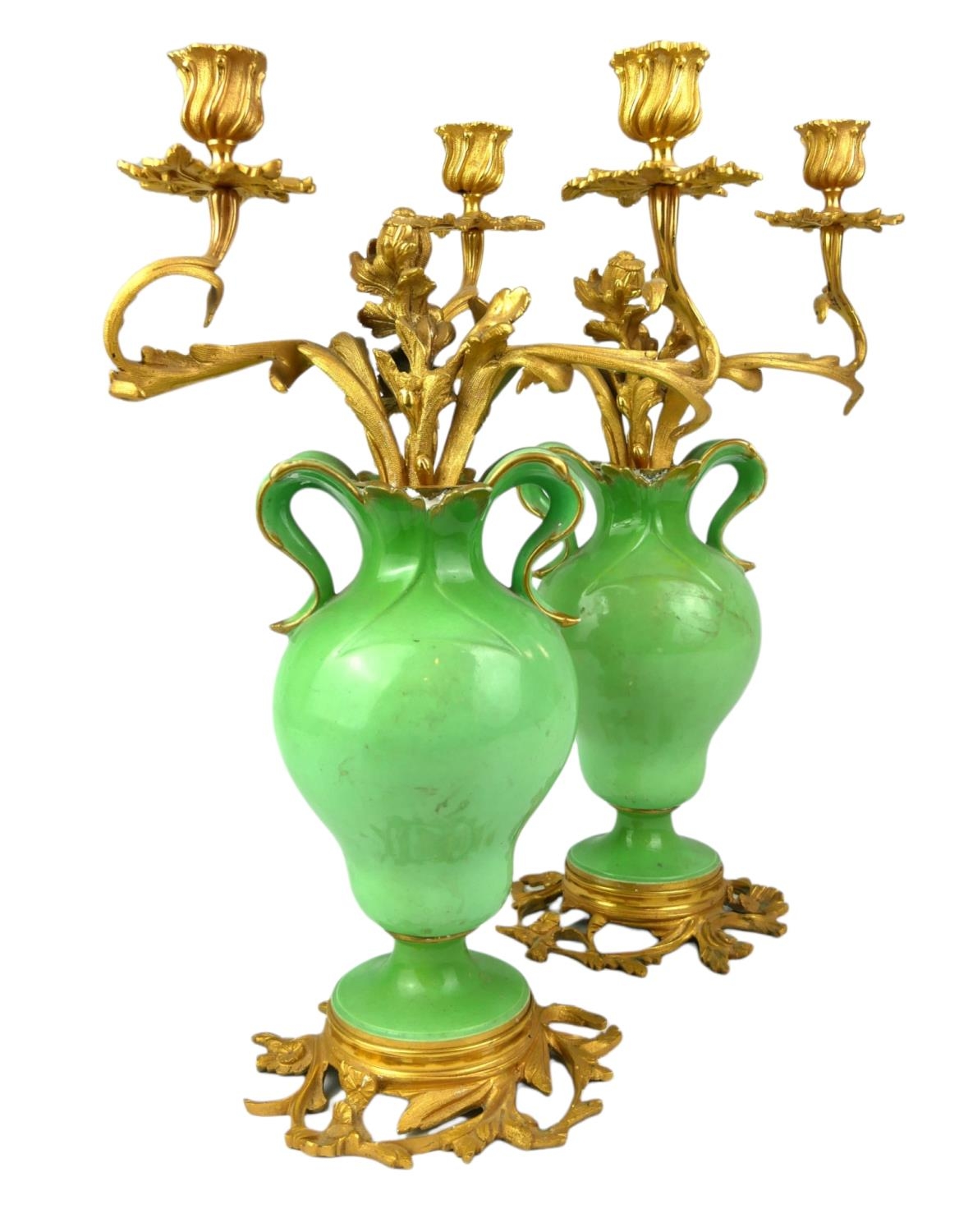 A PAIR OF HIGHLY DECORATIVE 19TH CENTURY (POSSIBLY FRENCH) TWIN HANDLED PORCELAIN APPLE GREEN - Image 2 of 8