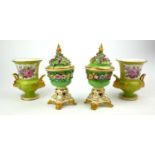 DERBY, A PAIR OF EARLY 19TH CENTURY PORCELAIN POTPOURRI VASES AND COVERS Encrusted with flowerheads,