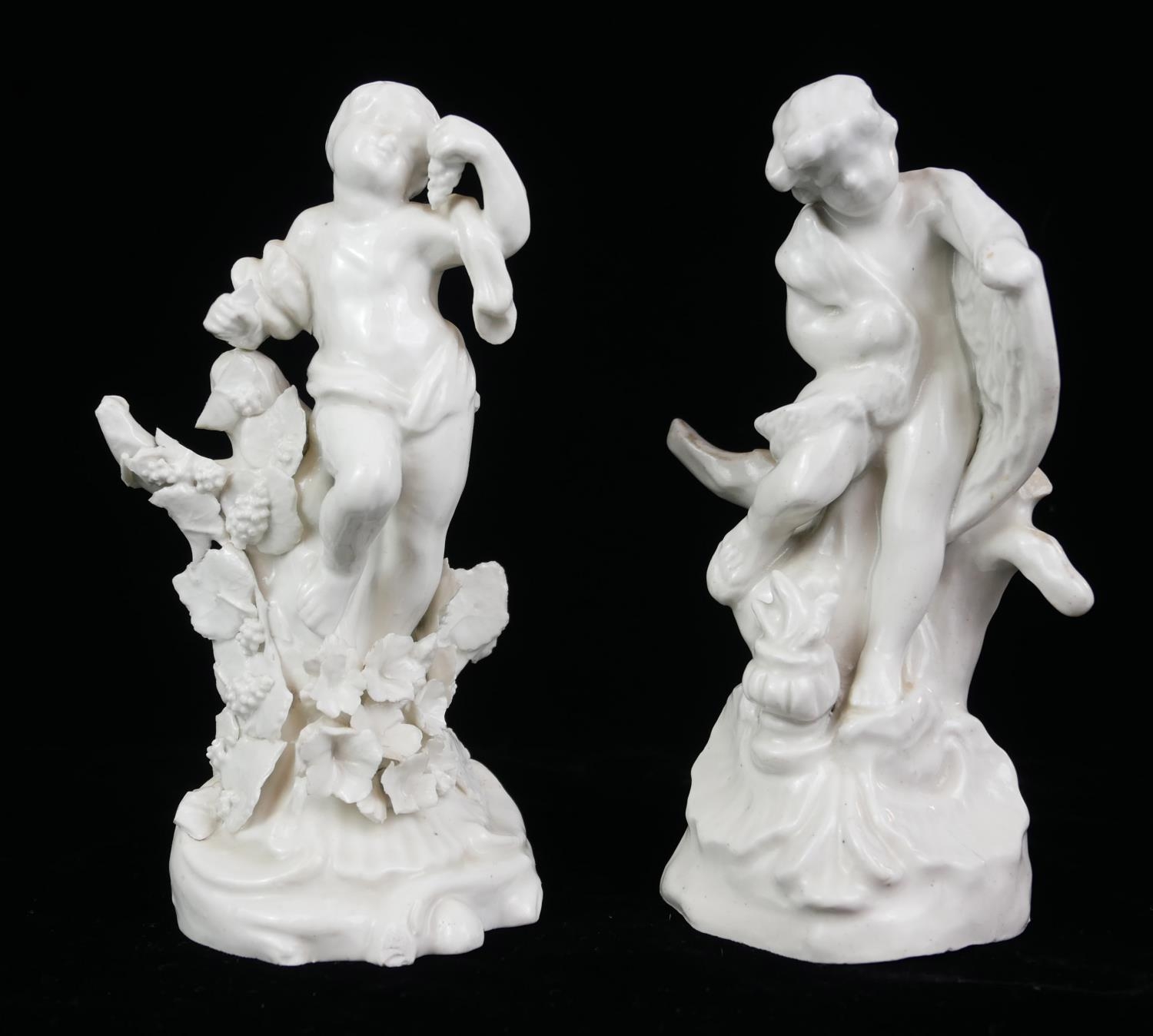 A PAIR OF RARE PLYMOTH 18TH CENTURY HARD PASTE BLANC DE CHINE PORCELAIN MODELS OF ALLEGORICAL