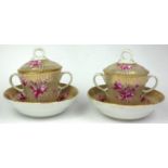 ATTRIBUTED TO CHELSEA DERBY, A RARE PAIR OF 18TH CENTURY CHOCOLATE CUPS, SAUCERS AND COVERS, CIRCA