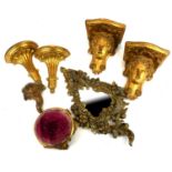 A PAIR OF SMALL 19TH CENTURY GILT CARVED WOOD CLASSICAL WALL SCONCES Moulded with Grecian masks