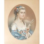 A 19TH CENTURY ENGLISH OVAL PASTEL, PORTRAIT OF AN ELEGANT YOUNG LADY HOLDING A FAN Initialled 'DC',
