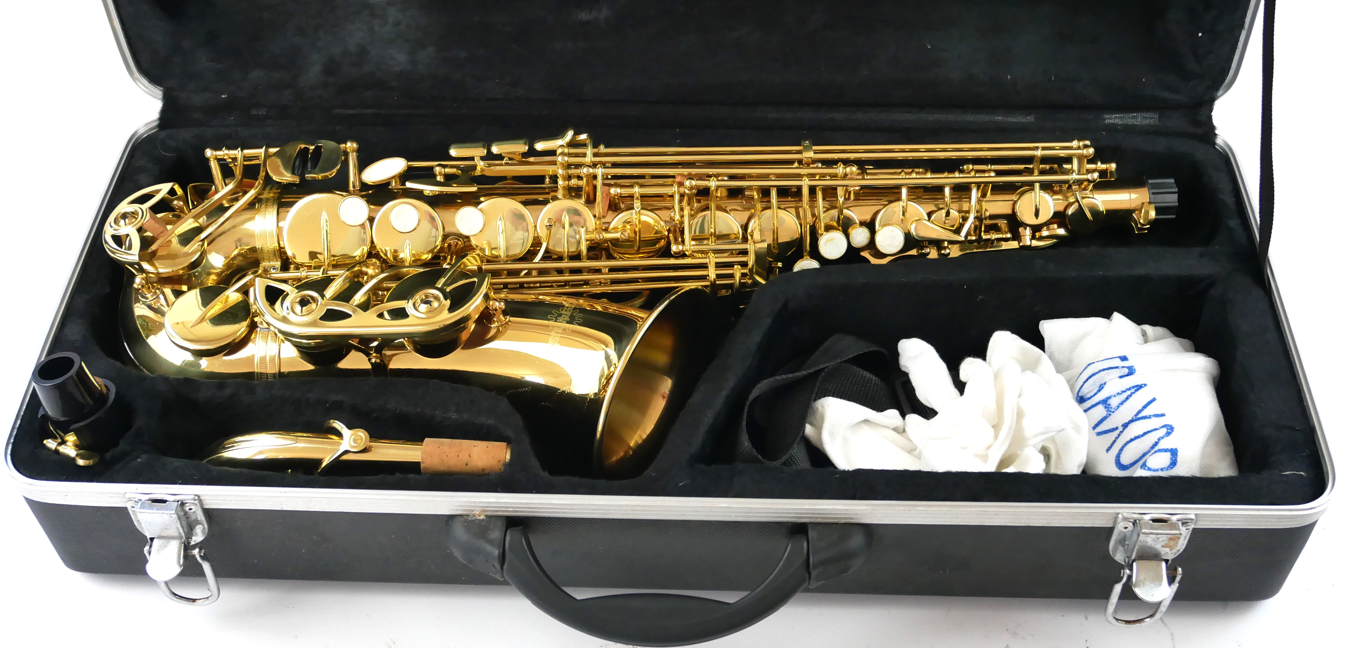 A MODERN BRASS AND MOTHER OF PEARL SAXOPHONE Having circular mother of pearl pads to keys marked ' - Image 2 of 3