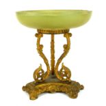 A 20TH CENTURY GILT BRONZE AND ONYX TAZZA The shallow carved onyx bowl with three scrolled arm