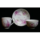 ROYAL WORCESTER, A RARE 18TH CENTURY MEISSEN STYLE PORCELAIN TRIO Comprising a tea bowl, saucer