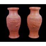 A PAIR OF LATE 19TH/EARLY 20TH CENTURY CHINESE RED EARTHENWARE BALUSTER VASES Both moulded with