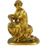 A 19TH CENTURY CONTINENTAL GILT BRONZE CLASSICAL FIGURE WITH HARP Seated pose wearing classical robe
