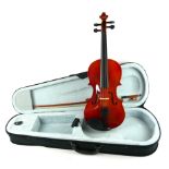 A MODERN STUDENT'S HALF SIZE VIOLIN AND BOW Having an ebonised chin rest and mother of pearl inlay