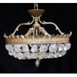 A PAIR OF EDWARDIAN PERIOD GILT METAL HANGING CEILING LAMPS/LIGHTS Crystal teardrop prisms, fitted