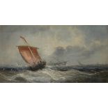 A PAIR OF 19TH CENTURY OILS ON CANVAS, STORMY SEASCAPES With fishing boats, gilt framed. (sight 23.