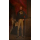 AN EARLY 19TH CENTURY OIL ON PANEL, FULL LENGTH PORTRAIT, KING WILLIAM IV Standing before a column