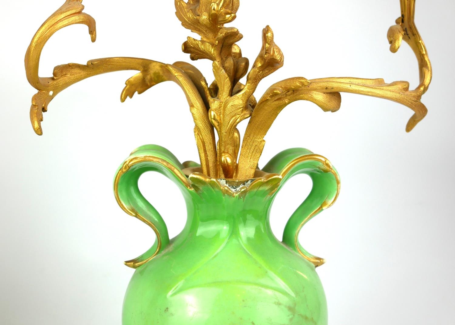 A PAIR OF HIGHLY DECORATIVE 19TH CENTURY (POSSIBLY FRENCH) TWIN HANDLED PORCELAIN APPLE GREEN - Image 5 of 8