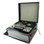 MARCONIPHONE, A VINTAGE REEL TO REEL PORTABLE TAPE RECORDER In black vinyl cars with a chrome grill,