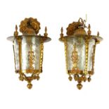 A PAIR OF LATE 19TH/EARLY 20TH CENTURY GILDED WALL HANGING LANTERNS/PENDANT LIGHTS With original cut