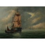 TWO 19TH CENTURY OILS ON CANVAS, SEASCAPES, WITH SHIPS AND FISHING BOATS One indistinctly signed