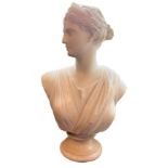 AN 18TH CENTURY HALF LIFE SIZE CARVED WHITE MARBLE BUST, A GRECIAN MAIDEN. (38cm x 52cm)