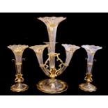 A FINE 19TH CENTURY BOHEMIAN ORMOLU MOUNTED THREE PIECE GLASS EPERGNE GARNITURE Consisting of four