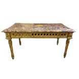 AN EARLY/MID 20TH CENTURY COFFEE/TEA TABLE With breakfront marble top standing on carved giltwood