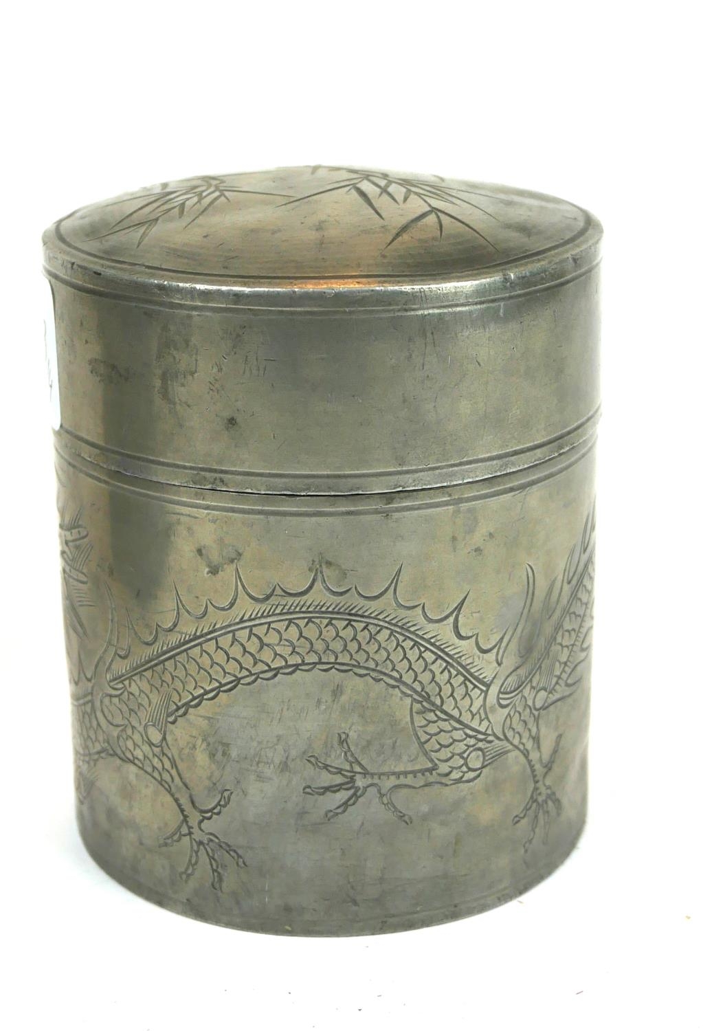 TWO LATE 19TH CENTURY CHINESE KUT-HING SWATON PEWTER TEA CADDIES Both embossed with dragon, bamboo - Image 2 of 3