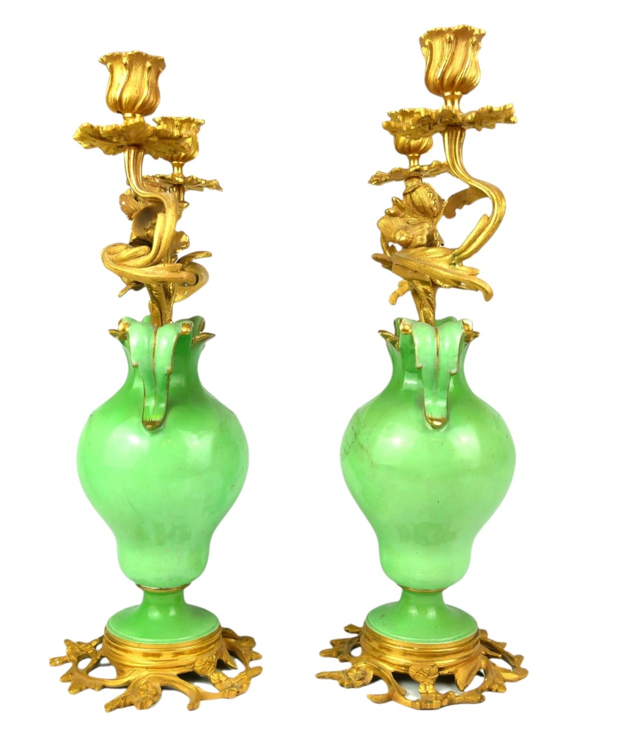 A PAIR OF HIGHLY DECORATIVE 19TH CENTURY (POSSIBLY FRENCH) TWIN HANDLED PORCELAIN APPLE GREEN - Image 3 of 8