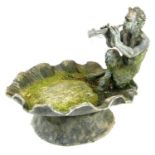 A 19TH CENTURY LED FIGURAL BIRD BATH FORMED AS A SHELL Supported by Pan - God of Forrest playing a