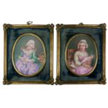 A PAIR OF MID 19TH CENTURY VICTORIAN ENGLISH SCHOOL OVAL OILS ON PORCELAIN One with young girls