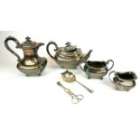 AN EDWARDIAN SILVER FOUR PIECE TEA SET Classical form with ebonised finial, gadrooned border and