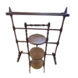 A VICTORIAN MAHOGANY TOWEL RAIL Along with a folding cake stand, on candy twist supports. (rail 80cm