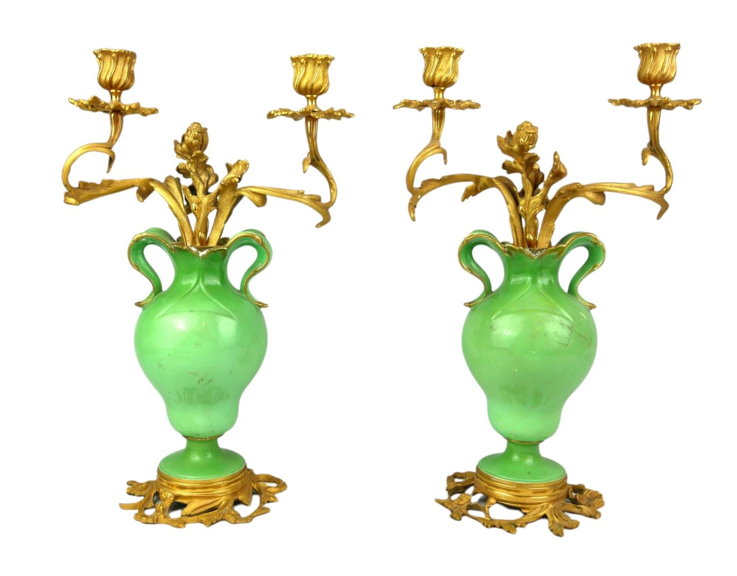 A PAIR OF HIGHLY DECORATIVE 19TH CENTURY (POSSIBLY FRENCH) TWIN HANDLED PORCELAIN APPLE GREEN - Image 4 of 8