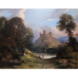 A FOLLOWER OF GEORGE LAMBERT, 1700 - 1765, OIL ON CANVAS Lakeside landscape, with figures in