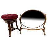 A VICTORIAN MAHOGANY PIANO ADJUSTABLE STOOL With red button back velvet upholstery, along with a