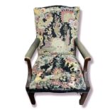 AN EARLY 20TH GAINSBOROUGH DESIGN MAHOGANY OPEN ARMCHAIR With tapestry upholstered seat. (70cm x