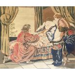 A VICTORIAN MAPLE FRAMED TAPESTRY PICTURE Interior scene, figures at a bedside, glazed. (63cm x