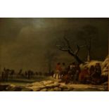 T. WEEKS, A 19TH CENTURY OIL ON CANVAS Winter landscape, with figures ice skating and onlookers,