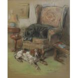 A 20TH CENTURY PASTEL ON PAPER, INTERIOR SCENE Two recumbent dogs on a period armchair, indistinctly