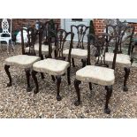 A SET OF SIX EARLY 20TH CENTURY IRISH MAHOGANY DINING CHAIRS Including two carvers, having carved