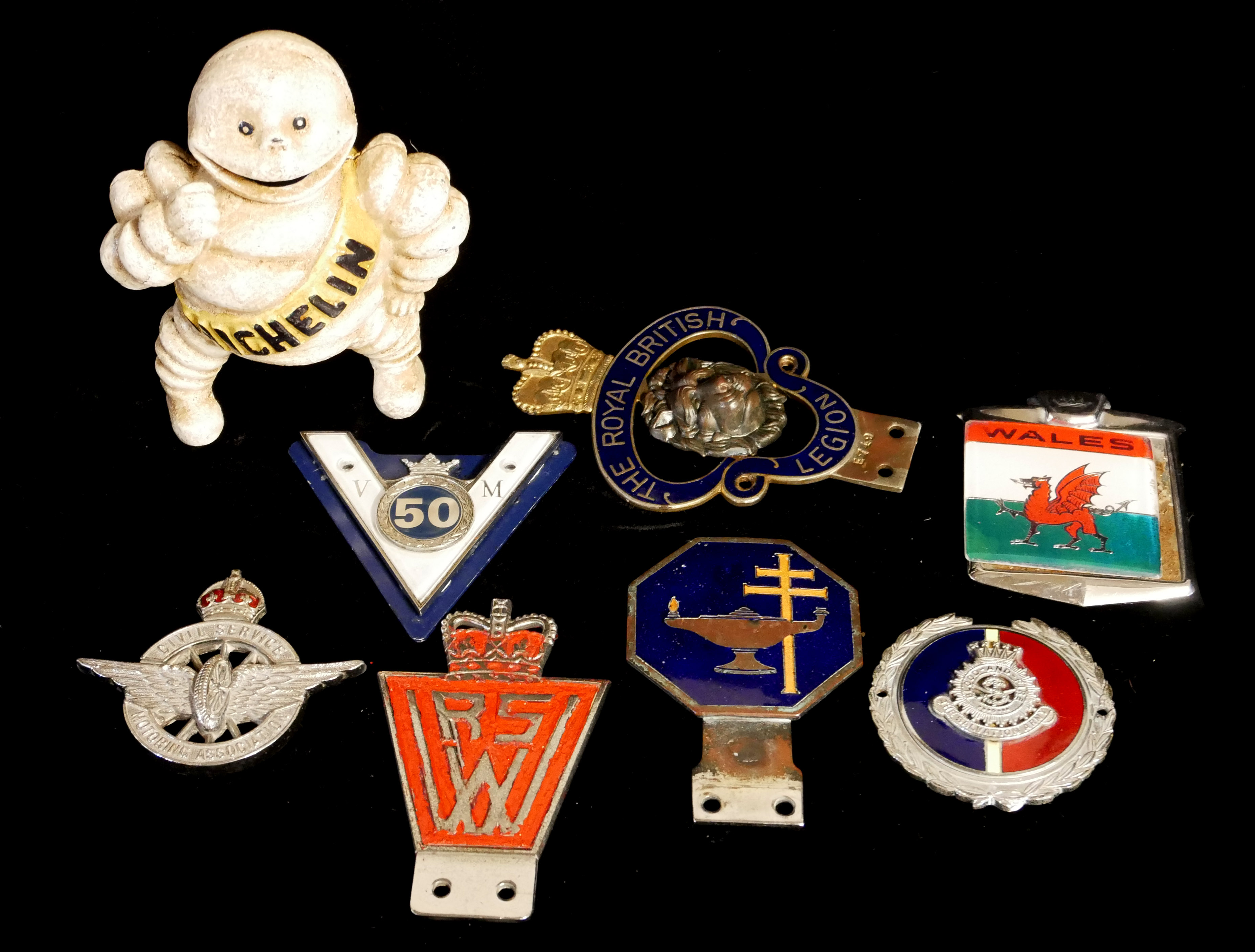 A COLLECTION OF VINTAGE STEEL AND ENAMEL CAR BADGES Including a Royal British Legion badge with lion