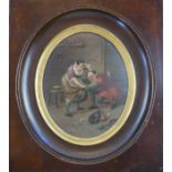 AN 18TH CENTURY CONTINENTAL OVAL OIL ON COPPER, AN AMOROUS GENTLEMAN WITH A MAID And beer dragon