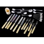 A SET OF VICTORIAN STEEL AND BONE HANDLED FRUIT KNIVES AND FORKS Carved with classical fans to