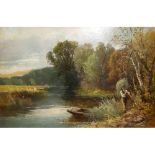 A 19TH CENTURY OIL ON BOARD, LANDSCAPE Figure near a riverbank with rowing boat, indistinctly signed