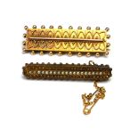 TWO 19TH CENTURY YELLOW METAL BAR BROOCHES Rectangular form and fine beaded decoration, one brooch