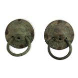 A PAIR OF LION MASK AND LOOSE RING DOOR HANDLES. (w 16cm)